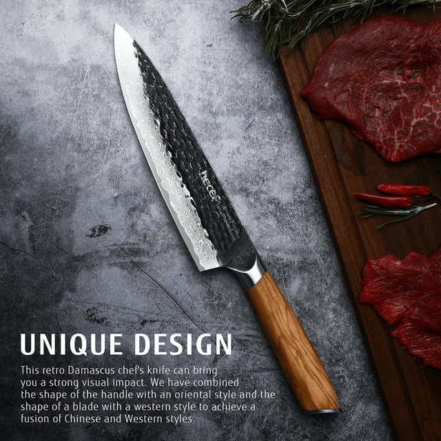 Hecef 8-Inch Japanese Chef Knife, Forged 67-Layer Damascus Steel Ultra Sharp Professional Hammered Carving Knife