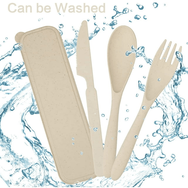 FLONOZZ Travel Cutlery Set with Case, 4Pcs Reusable Plastic Portable Camping Flatware Set (Beige)