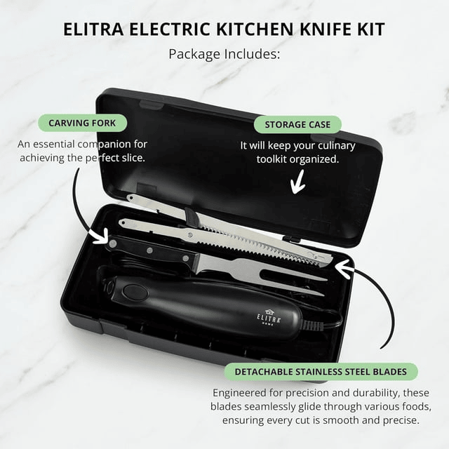 Elitra Home Professional Grade Electric Knife, Easy Slice Kitchen Knife For Carving Meats, Bread, Turkey and More, Stainless Steel Serrated Blade, Black