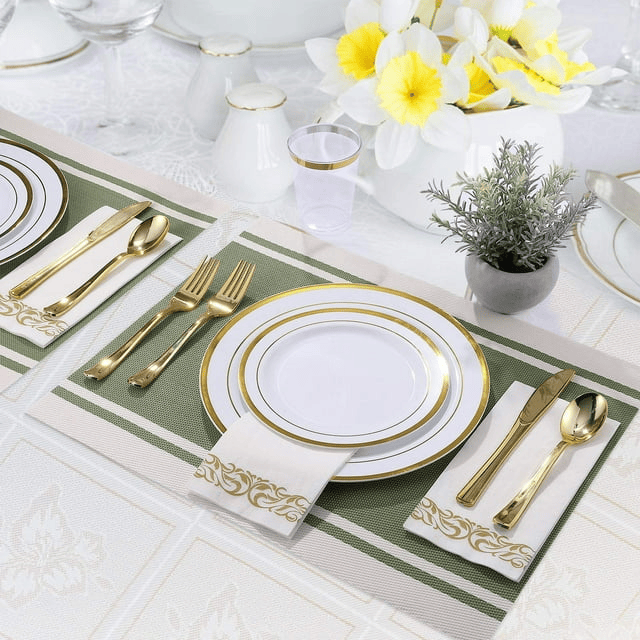 FOCUSLINE 350 Piece Gold Rim Dinnerware Set, Disposable Plastic Plates for Party or Wedding-100 Plastic Plates-50 Plastic Silverware-50 Plastic Cups-50 Linen Feel Napkins(50 Guest)