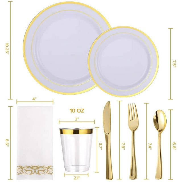 FOCUSLINE 350 Piece Gold Rim Dinnerware Set, Disposable Plastic Plates for Party or Wedding-100 Plastic Plates-50 Plastic Silverware-50 Plastic Cups-50 Linen Feel Napkins(50 Guest)