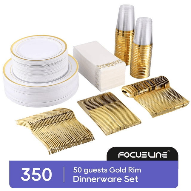 FOCUSLINE 350 Piece Gold Rim Dinnerware Set, Disposable Plastic Plates for Party or Wedding-100 Plastic Plates-50 Plastic Silverware-50 Plastic Cups-50 Linen Feel Napkins(50 Guest)