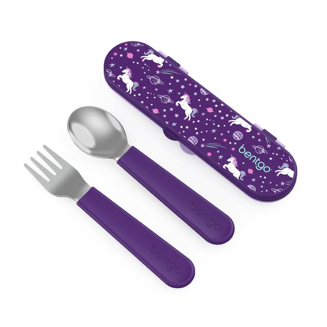 Bentgo Kids Stainless Steel Utensils Set - Reusable Fork, Spoon & Storage Case Made From High-Grade Stainless Steel, BPA-Free, Dishwasher Safe (Purple Unicorn)