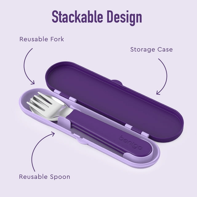 Bentgo Kids Stainless Steel Utensils Set - Reusable Fork, Spoon & Storage Case Made From High-Grade Stainless Steel, BPA-Free, Dishwasher Safe (Purple Unicorn)