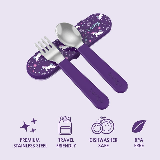 Bentgo Kids Stainless Steel Utensils Set - Reusable Fork, Spoon & Storage Case Made From High-Grade Stainless Steel, BPA-Free, Dishwasher Safe (Purple Unicorn)