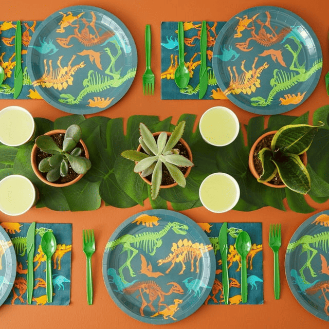 144-Piece Dinosaur Birthday Party Supplies with Paper Plates, Napkins, Cups and Cutlery for Dino Party Decorations (Serves 24)