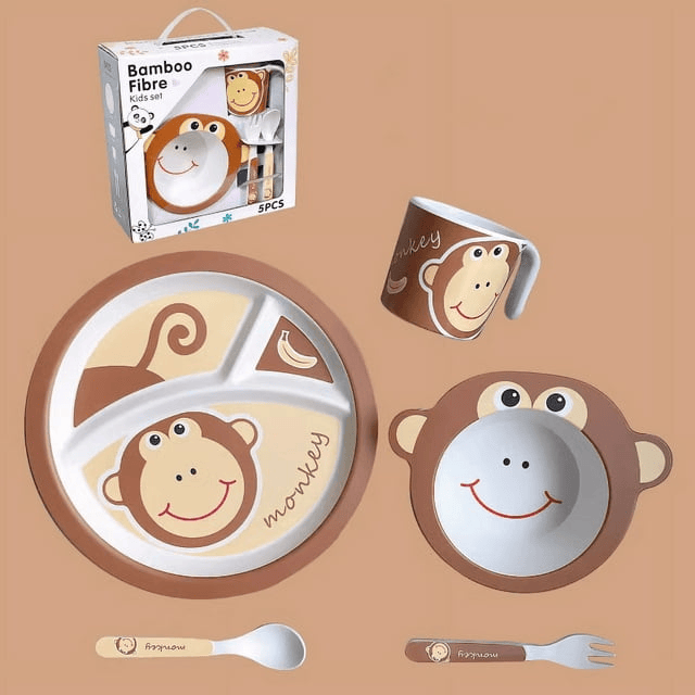 Uervoton 5 Pcs Mealtime Feeding Set for Kids and Toddlers-Monkey - Includes Plate, Bowl, Cup, Fork and Spoon Utensil Flatware - Durable, Dishwasher Safe, BPA Free