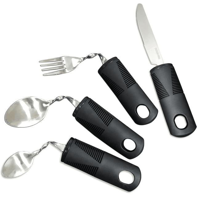 Extra Wide Handles Bendable Easy Grip Cutlery Set, Chunky Handles, Corfort Grips Disability Ideal Dining aid for Elderly Disabled Arthritis Parkinson's Disease Tremors Sufferers(4Pcs Black)