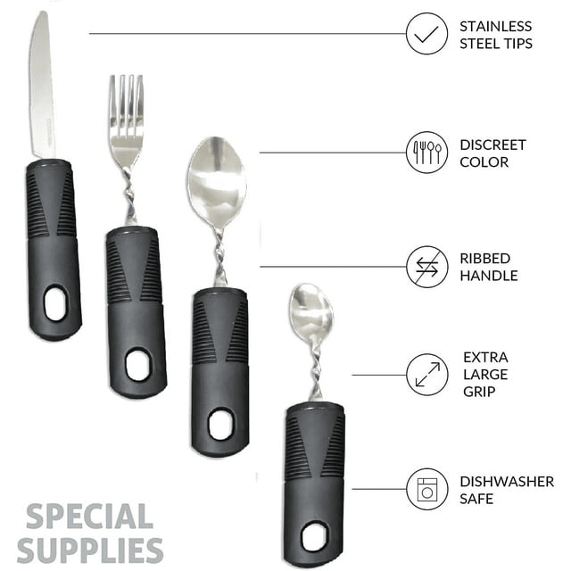 Extra Wide Handles Bendable Easy Grip Cutlery Set, Chunky Handles, Corfort Grips Disability Ideal Dining aid for Elderly Disabled Arthritis Parkinson's Disease Tremors Sufferers(4Pcs Black)