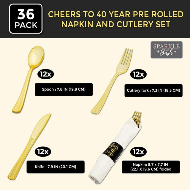 Serves 12 Gold Plastic Silverware Set for 40th Birthday Party Supplies, Cheers to 40 Years Disposable Cutlery Flatware with Napkin