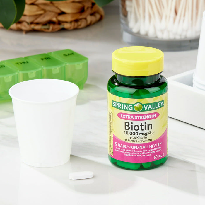 Spring Valley Extra Strength Biotin Plus Keratin Dietary Supplement; 10; 000 mcg; 60 Count