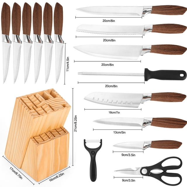 Knife Set, 15 Pcs Knife Sets for Kitchen with Block, High Carbon Stainless Steel Block Knife Set with 6 Serrated Steak Knives, Professional Chef Knife Set for Kitchen