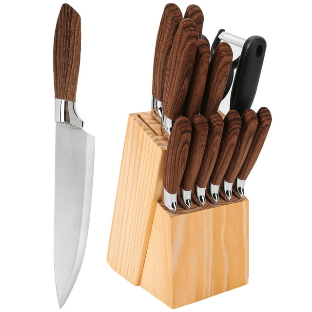 Knife Set, 15 Pcs Knife Sets for Kitchen with Block, High Carbon Stainless Steel Block Knife Set with 6 Serrated Steak Knives, Professional Chef Knife Set for Kitchen