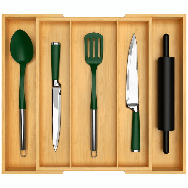 Bamboo Kitchen Drawer Organizer - Expandable Silverware Organizer/Utensil Holder and Cutlery Tray with Grooved Drawer Dividers for Flatware and Kitchen Utensils