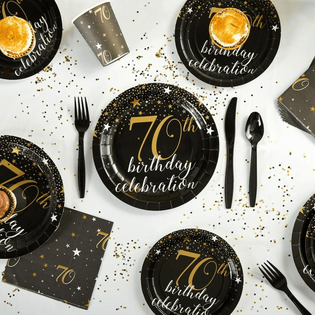 170-Piece 70th Birthday Party Supplies, Serves 24 Black and Gold Plates, Napkins, Cups, Cutlery, Tablecloth and Banner