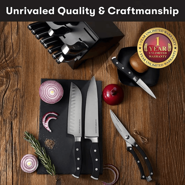 Master Maison 15-Piece Premium Kitchen Knife Set With Wooden Block | Master Maison German Stainless Steel Cutlery With Knife Sharpener & 6 Steak Knives (Black)