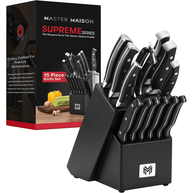 Master Maison 15-Piece Premium Kitchen Knife Set With Wooden Block | Master Maison German Stainless Steel Cutlery With Knife Sharpener & 6 Steak Knives (Black)