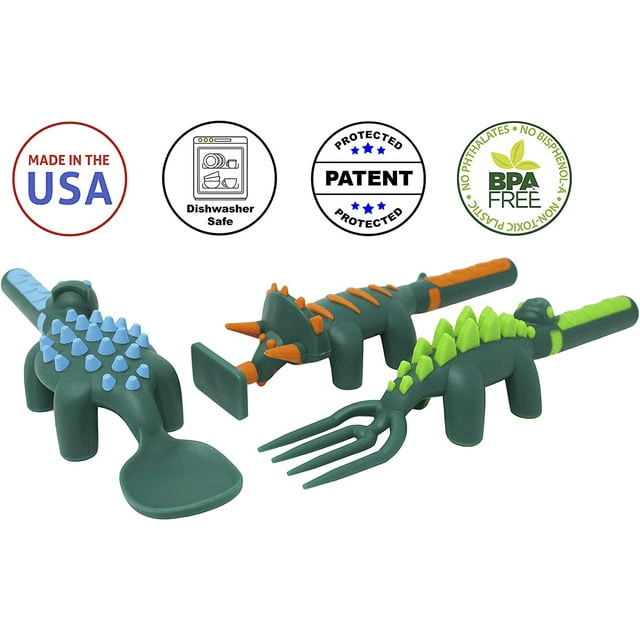 Constructive Eating Made in USA Dinosaur Set of 3 Utensils for Toddlers, Infants, Babies and Kids - Made With Materials Tested for Safety