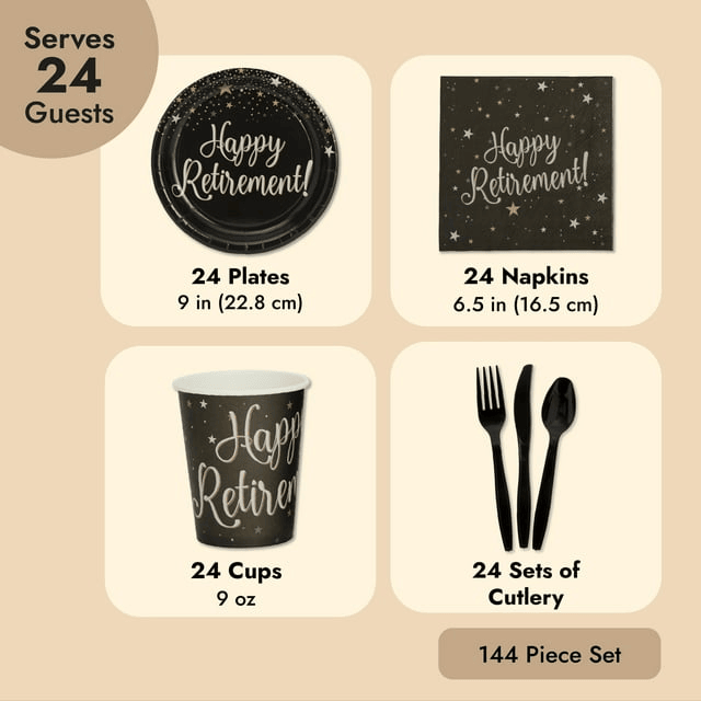 144-Piece Happy Retirement Decorations and Party Supplies with Paper Plates, Napkins, Cups, and Cutlery, Disposable Dinnerware Set for Farewell Celebration, for Men and Women (Serves 24 Guests)