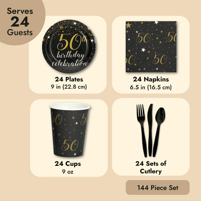 144 Pieces 50th Birthday Party Supplies with Paper Plates, Napkins, Cups, Cutlery (Black, Gold, Serves 24)