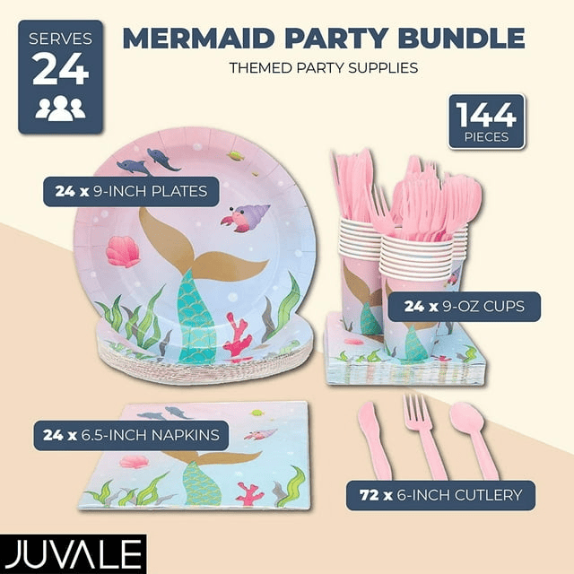 144 Pieces Mermaid Birthday Party Supplies, Dinnerware Set with Plates, Napkins, Cups, Cutlery (Serves 24)