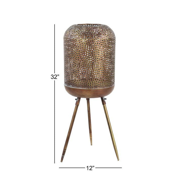 DecMode Modern Style Round Gold Metal Floor Lantern with Pierced Metal Pattern, 12' x 32'