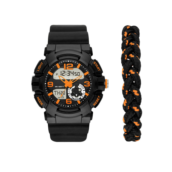 George Men's Analog-Digital Watch Set: Black Round Case, Positive Display, Plastic Band, Black/Orange Double Woven Bracelet (FMDXGE037)