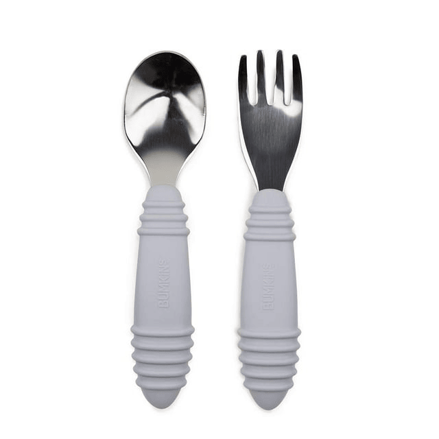 Bumkins Toddler Fork and Spoon Set, Stainless Steel & Silicone for 18 Mos+ (Gray)