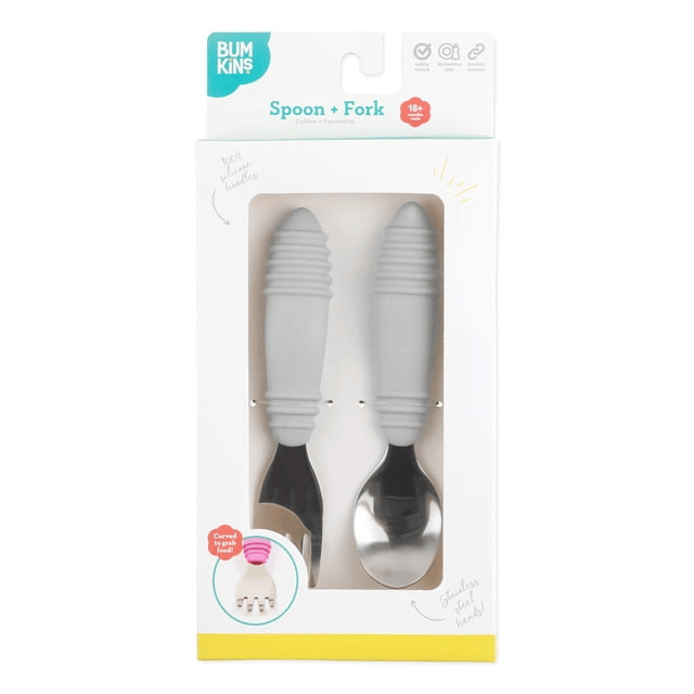 Bumkins Toddler Fork and Spoon Set, Stainless Steel & Silicone for 18 Mos+ (Gray)