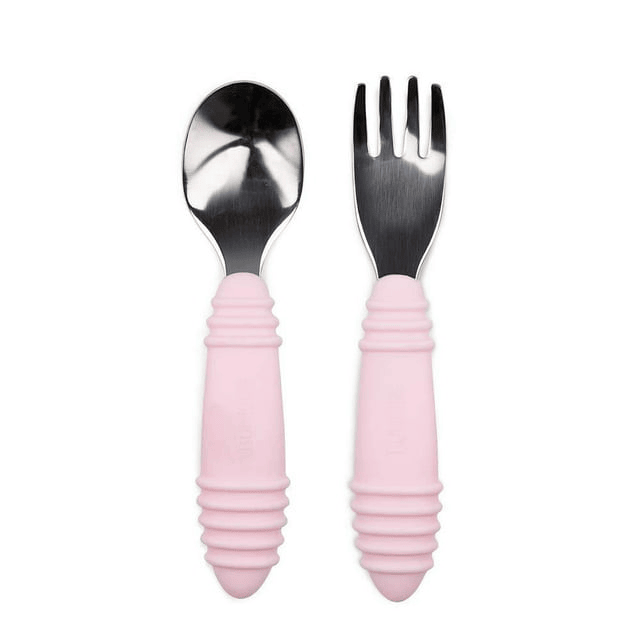 Bumkins Toddler Fork and Spoon Set, Stainless Steel & Silicone Utensils for Babies and Kids 18 Mos+ (Pink)