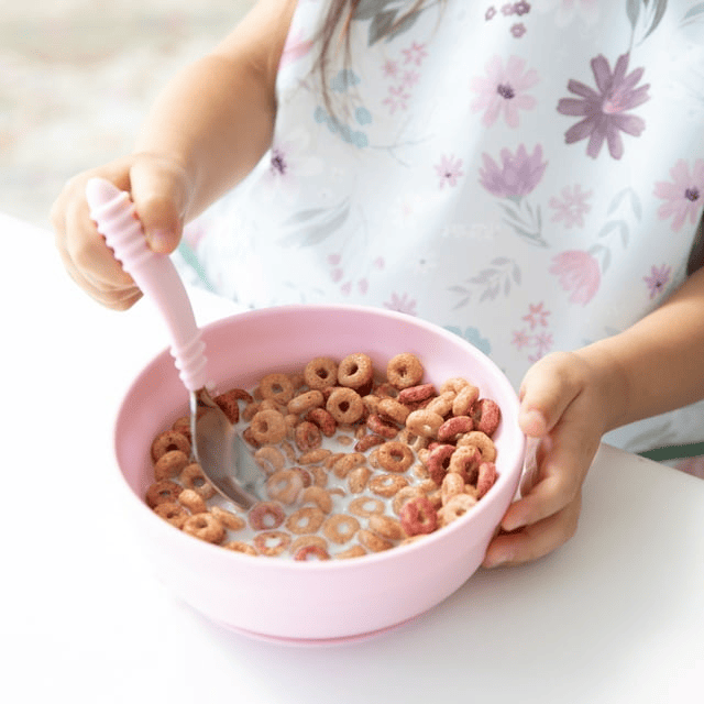 Bumkins Toddler Fork and Spoon Set, Stainless Steel & Silicone Utensils for Babies and Kids 18 Mos+ (Pink)