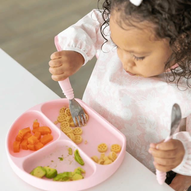 Bumkins Toddler Fork and Spoon Set, Stainless Steel & Silicone Utensils for Babies and Kids 18 Mos+ (Pink)