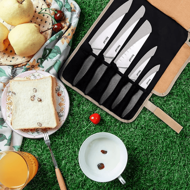 Hecef 11-Piece Kitchen Knife Set, Stonewashed Steel Ultra Sharp Japanese Chef knives with Roll Bag and Sheaths