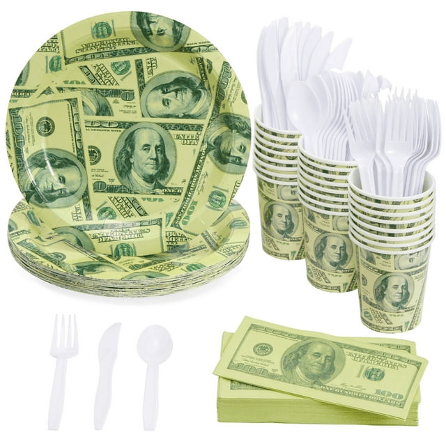 144 Piece Money Birthday Party Decorations for Party Supplies, Paper Plates, Napkins, Cups, & Cutlery Tableware Set, Hundred Dollar Bill Novelty (24 Guests)