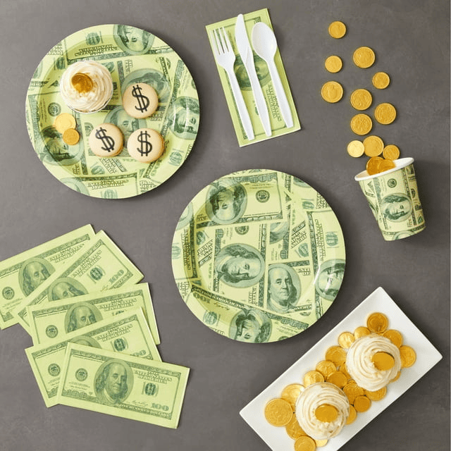 144 Piece Money Birthday Party Decorations for Party Supplies, Paper Plates, Napkins, Cups, & Cutlery Tableware Set, Hundred Dollar Bill Novelty (24 Guests)