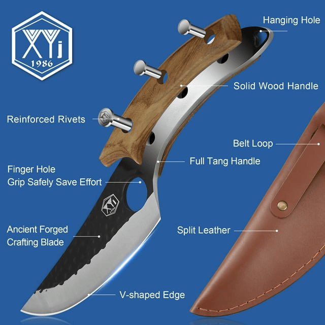 XYJ FULL TANG 6 Inch Kitchen Chef Knife High Carbon Steel Slicing Cleavers, Boning Knife Chef Fishing Knives For Camping Kitchen or Outdoor BBQ Butcher Knife With Carrying Leather Sheath