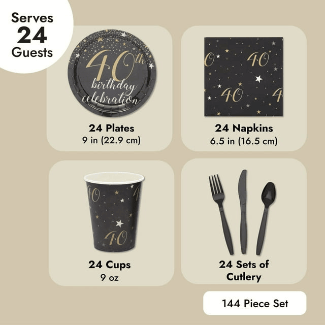 144 Piece 40th Birthday Party Supplies Set for Men, Women, Serves 24 Paper Plates and Napkins, Cups, Cutlery, Black and Gold Disposable Set for 40 Birthday Decorations