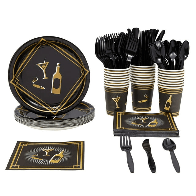 144 Piece 1920s Party Decorations - Murder Mystery Party Theme Paper Plates, Cups, Napkins and Cutlery (Serves 24)