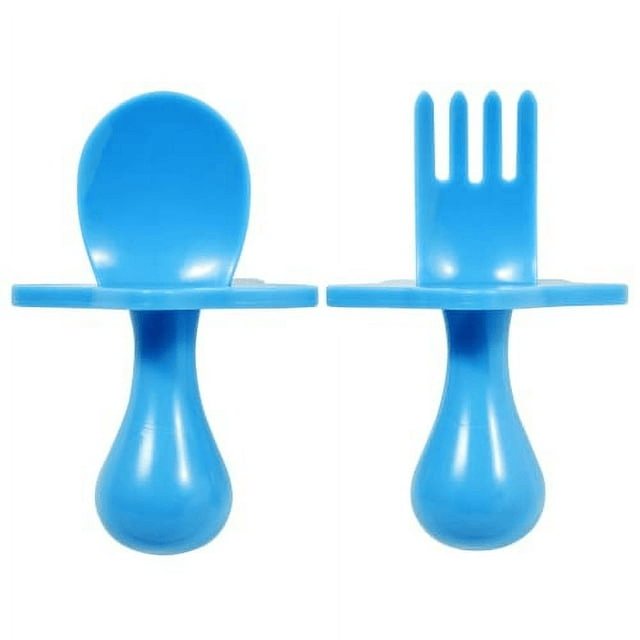 Nooli First Self-Feeding Utensils USA-Made, BPA-Free Spoon & Fork Set for Babies & Toddlers Ages 6+ Months Anti-Choke Shield Easy-Grip Handles for Baby-Led Weaning and Independent Eating (Blue)