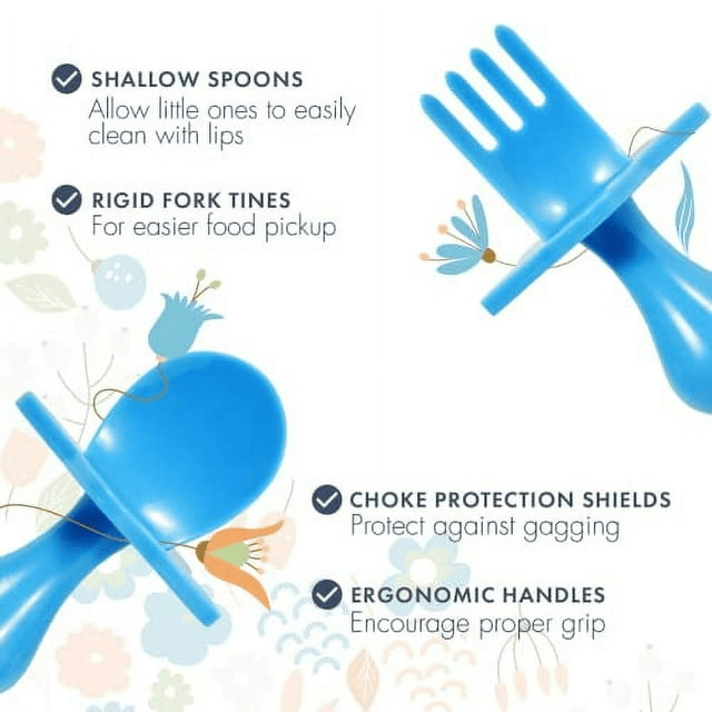 Nooli First Self-Feeding Utensils USA-Made, BPA-Free Spoon & Fork Set for Babies & Toddlers Ages 6+ Months Anti-Choke Shield Easy-Grip Handles for Baby-Led Weaning and Independent Eating (Blue)