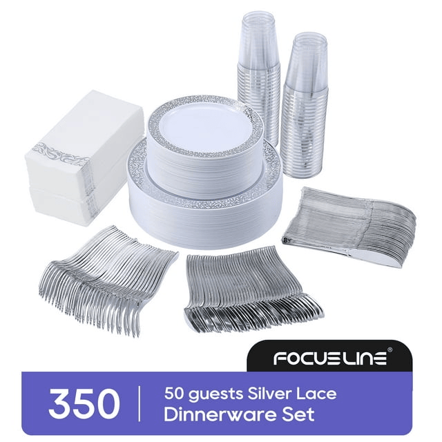 350 Piece Silver Dinnerware Set 50 Guest-100 Silver Lace Plastic Plates-50 Silver Plastic Silverware-50 Silver Plastic Cups-50 Linen Feel Silver Paper Napkins,FOCUSLINE Disposable Dinnerware Set