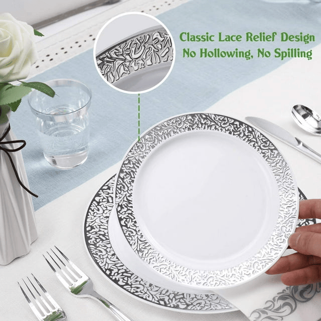 350 Piece Silver Dinnerware Set 50 Guest-100 Silver Lace Plastic Plates-50 Silver Plastic Silverware-50 Silver Plastic Cups-50 Linen Feel Silver Paper Napkins,FOCUSLINE Disposable Dinnerware Set