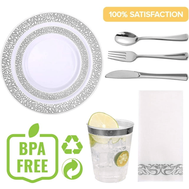 350 Piece Silver Dinnerware Set 50 Guest-100 Silver Lace Plastic Plates-50 Silver Plastic Silverware-50 Silver Plastic Cups-50 Linen Feel Silver Paper Napkins,FOCUSLINE Disposable Dinnerware Set