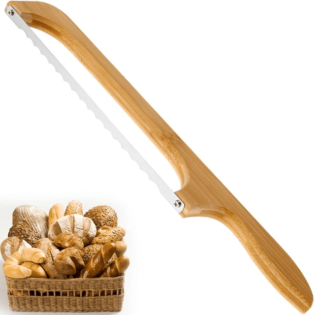 Jetcloudlive Wooden Bread Bow Knife, 15.7" Serrated Bagel Knife Sourdough Cutter Fiddle Bow Bread Slicer Knife for Homemade Bread, Premium Stainless Steel Saw