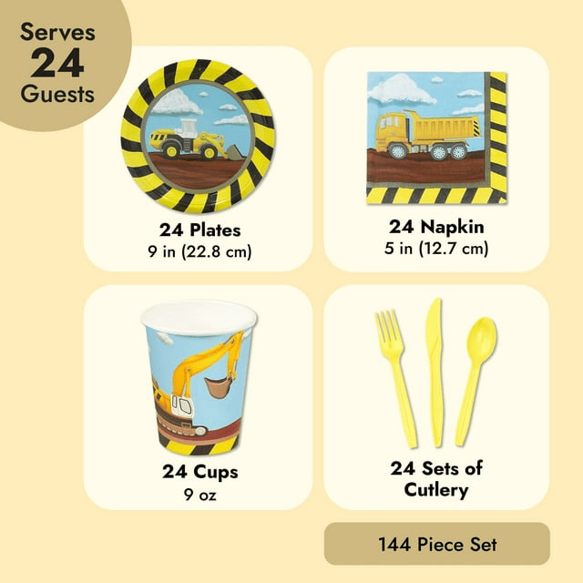 Serves 24 Under Construction Theme Party Supplies Decoration for Kids Birthday, Disposable Paper Plates, Napkins, Cups & Cutlery