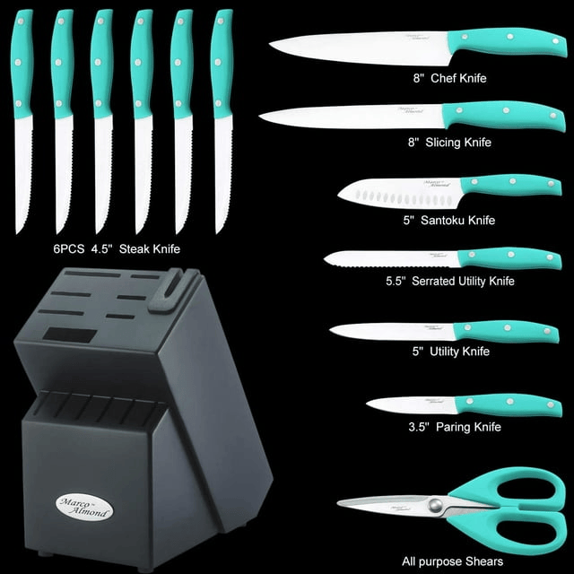 Knife Sets with Block,Marco Almond Kitchen Knives KYA24B,14 Pcs Kitchen Knife Block Set With Built-in Sharpener,Stainless Steel