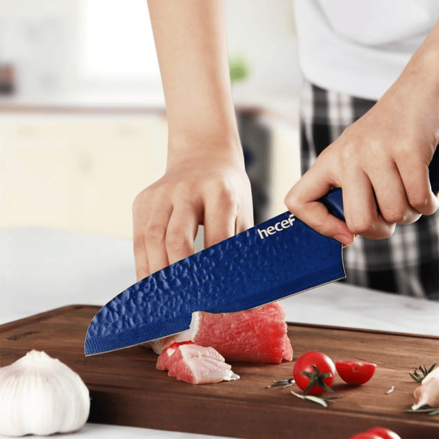 Hecef 5PCS Kitchen Knife Set, Blue Sharp Essential Chef Cooking Knives with Ergonomic Handle