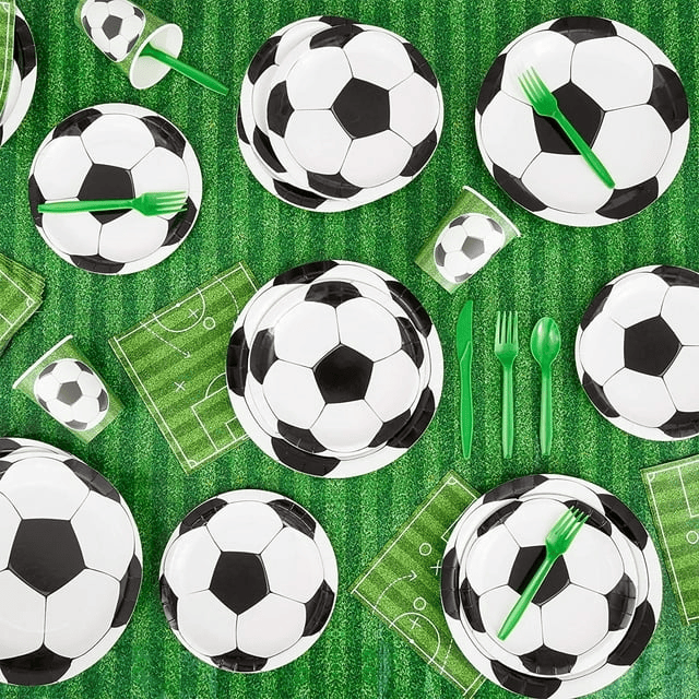 171-Piece Soccer Party Decorations, Serves 24 Sports-Themed Birthday Party Supplies with Plates, Napkins, Cups, and Green Cutlery Set, Tablecloth, and Banner Included