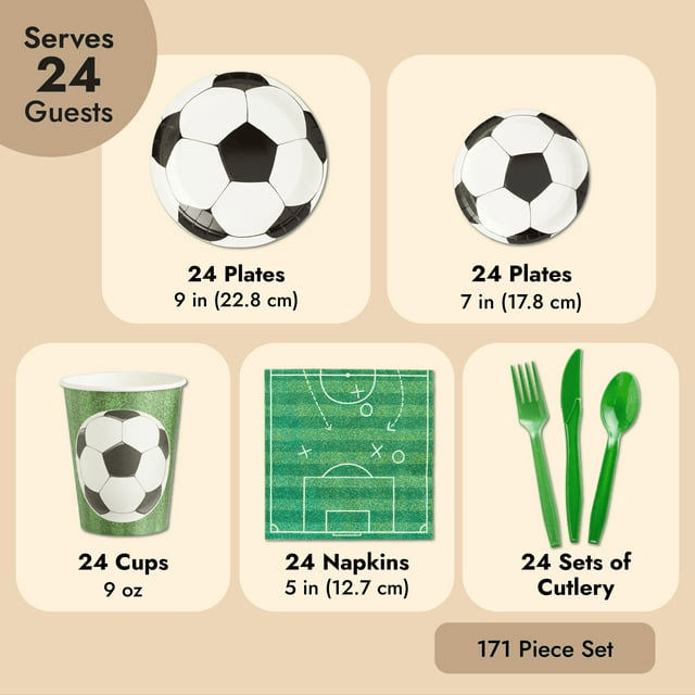 171-Piece Soccer Party Decorations, Serves 24 Sports-Themed Birthday Party Supplies with Plates, Napkins, Cups, and Green Cutlery Set, Tablecloth, and Banner Included