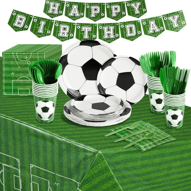 171-Piece Soccer Party Decorations, Serves 24 Sports-Themed Birthday Party Supplies with Plates, Napkins, Cups, and Green Cutlery Set, Tablecloth, and Banner Included